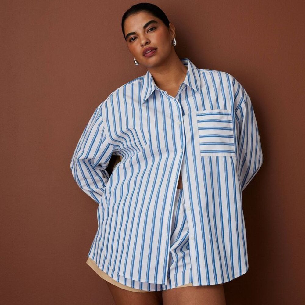 Women's Long Sleeve Oversized Poplin Button-Down Striped Shirt - Blue M - Picture 4 of 4